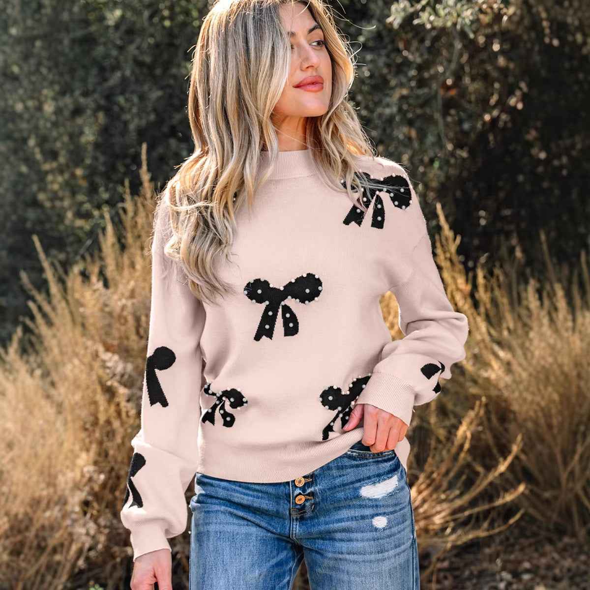 Women's Printed Crew-Neck Beaded Sweater