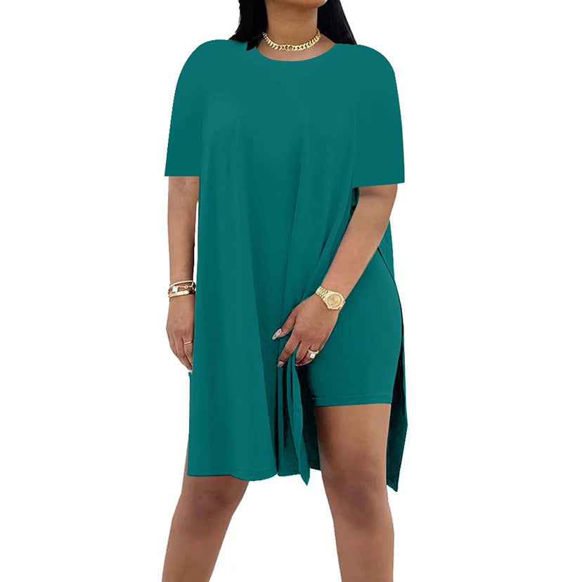 Summer Solid-Color Loose Crew-Neck Short-Sleeve Pants Two-Piece Set