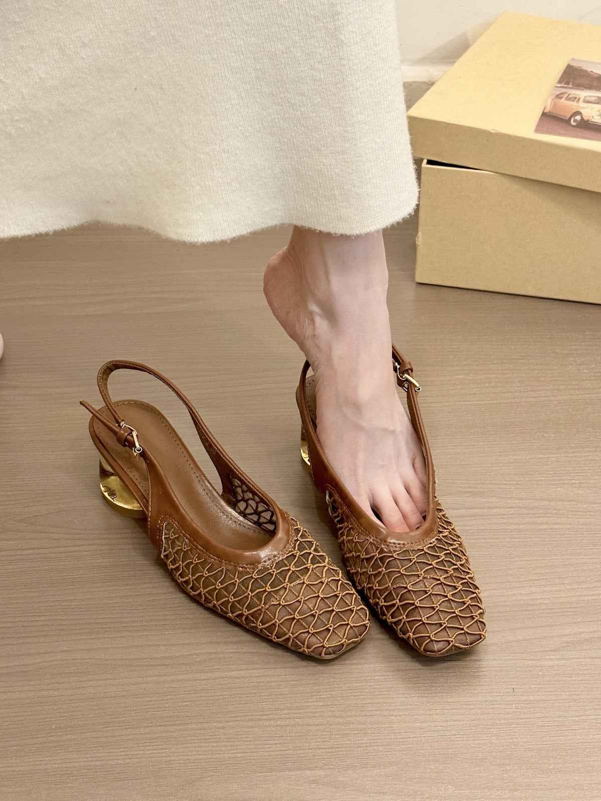 Square Toe Woven Toe Cap Slingback Sandals Women