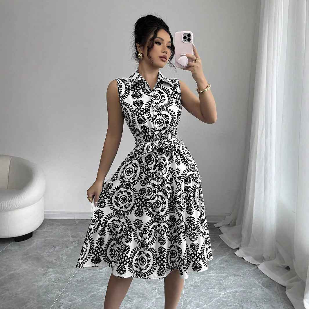 Stylish Printed Sleeveless Lace-Up Waist-Cinching Dress