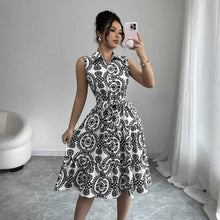 Stylish Printed Sleeveless Lace-Up Waist-Cinching Dress