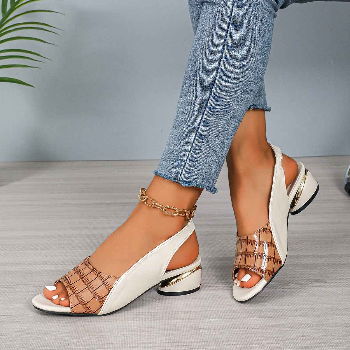 Ins Plaid Stone Pattern Sandals Summer Peep Toe Block Heels Ankle-strap Office Shoes For Women