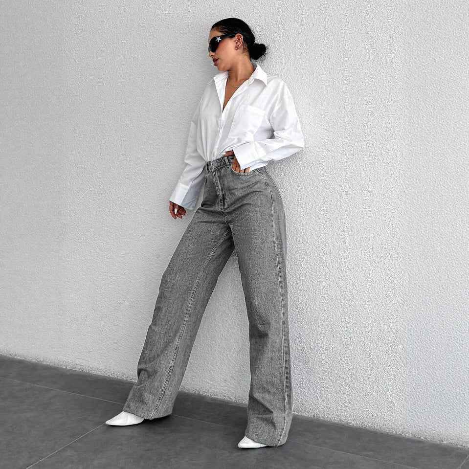 Silver-gray Straight-leg Womens Springfall Denim Jeans With A Draped Versatile Fit High Waist And Slimming Effect