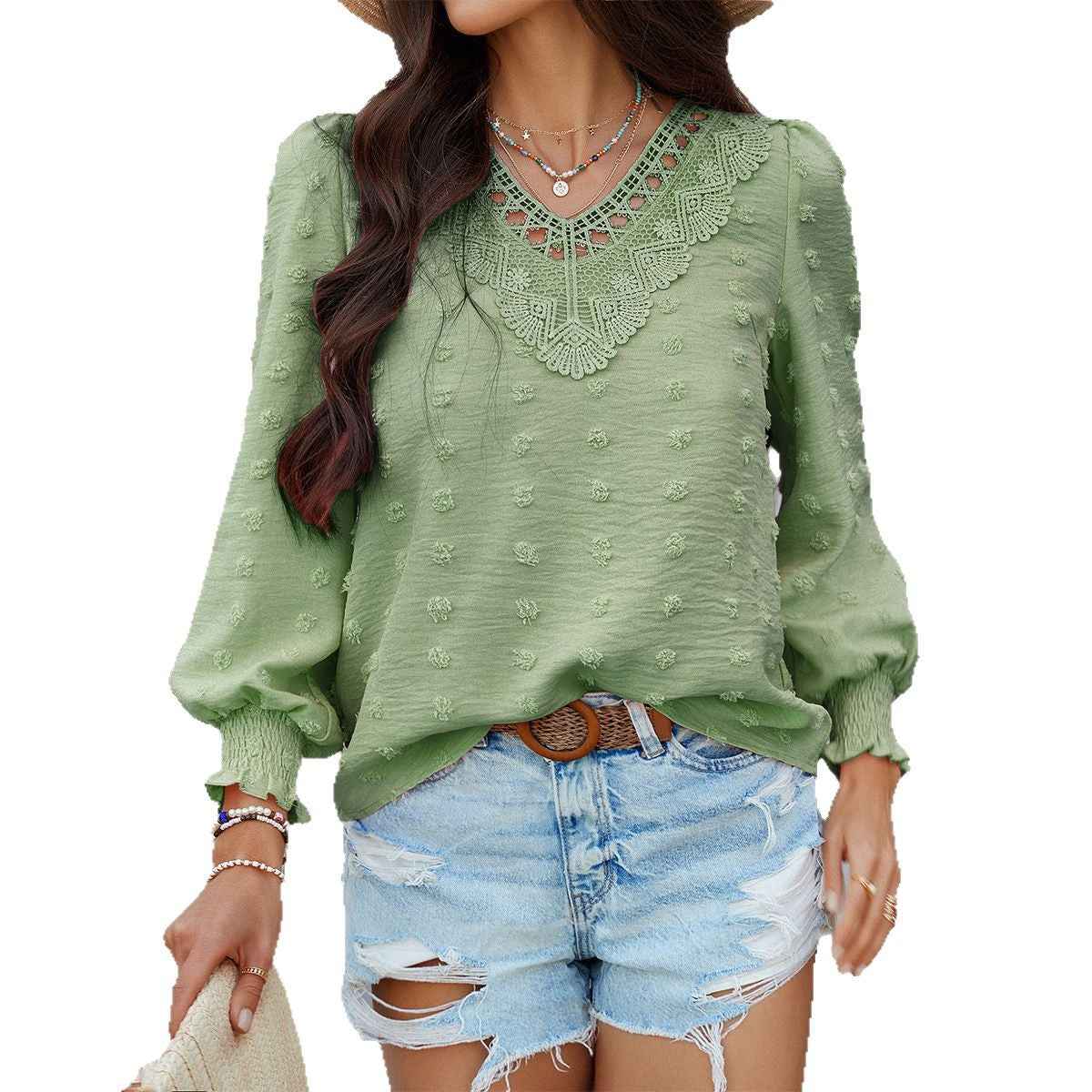 Casual Resort-Style Solid-Color Jacquard Embroidered Long-Sleeve Shirt