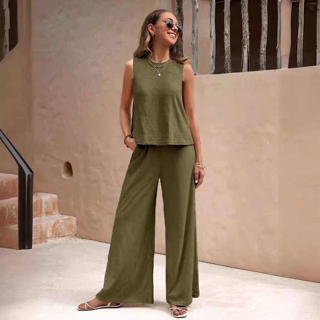 Solid Color Casual Loose Pants Sets For Women Elegant Spring Summer Women's Two Pieces Suit Full Trouser Set Female Outfit Clothes by Mirlaine Univers