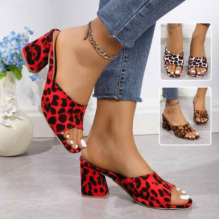 Sandales à talon carré léopard, mules d'été à talon haut, chaussures à talon épais pour femmes