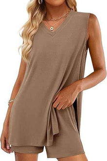 Casual Fashion V-neck Sleeveless Top And Shorts Set With Pockets