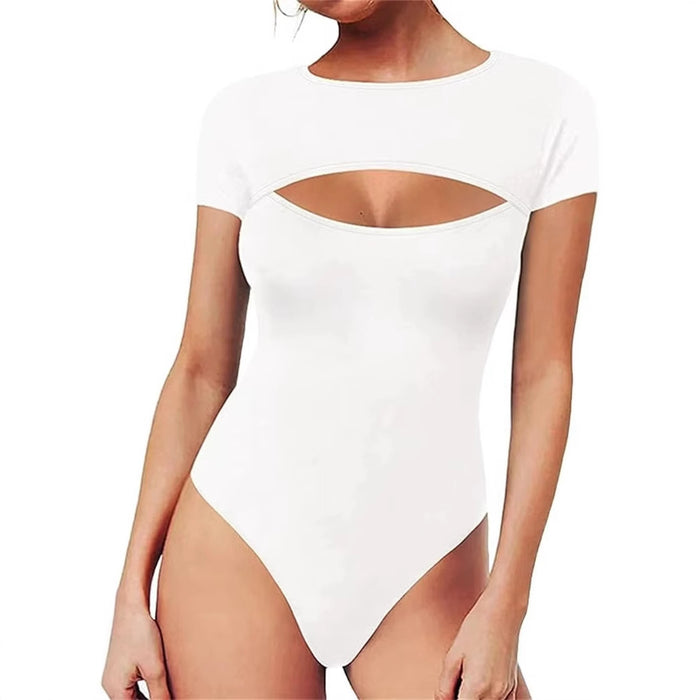 Combinaison sexy à manches longues, col rond et découpe à l'avant, coupe ajustée pour femme