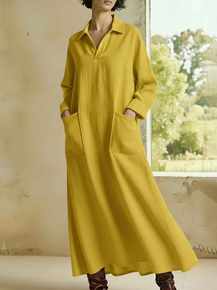 Loose-fitting Casual Polo-neck Pocketed Long-sleeve Dress
