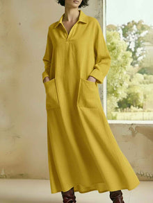 Loose-fitting Casual Polo-neck Pocketed Long-sleeve Dress
