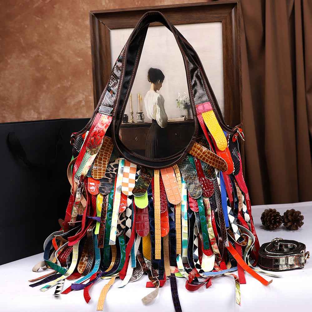 Tasseled Cowhide Tote Bag With Large Capacity And Crossbody Strap