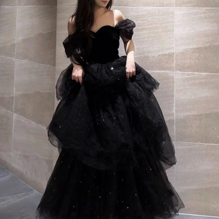 Black Evening Dress Light Luxury Minority French Style Pettiskirt by Mirlaine Univers