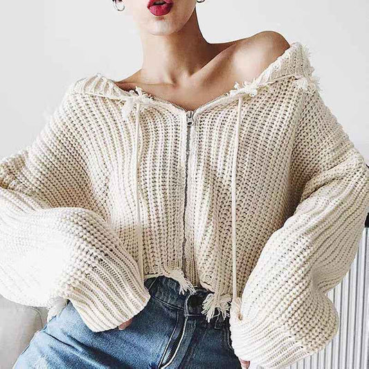 European And American Hooded Tassel Zipper Sweaters Coat