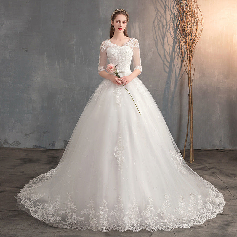 Wedding Dress Trailing Deep V Neck Lace High Waist Wedding Dress Long Sleeves by Mirlaine Univers