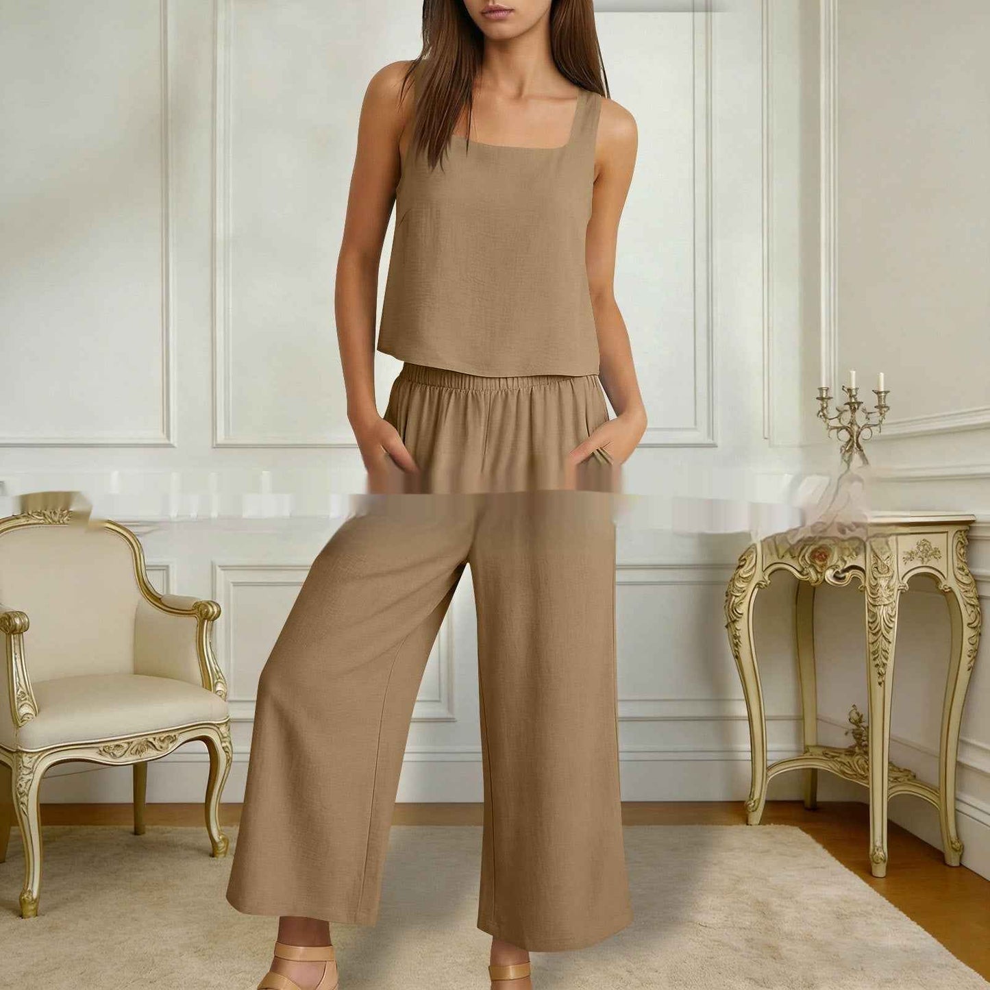European And American-style Sleeveless Vest And Wide-leg Pants Set For Women