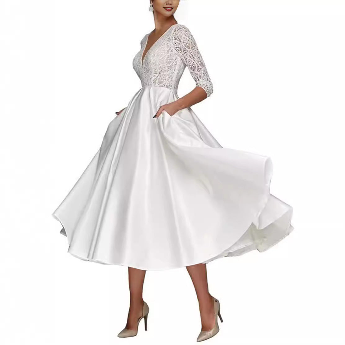 Bridal Deep V-neck Slim Lace Mid-length Long Sleeve Wedding Dress by Mirlaine Univers