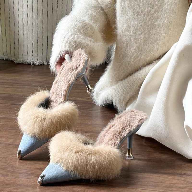 Elegant Fallwinter Furry High-heeled Slide Sandals For Women Perfect For Outdoor Wear