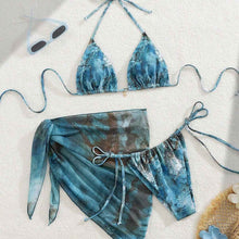 European And American Three-Piece Bikini Retro Printed Lace-Up Swimsuit For Women