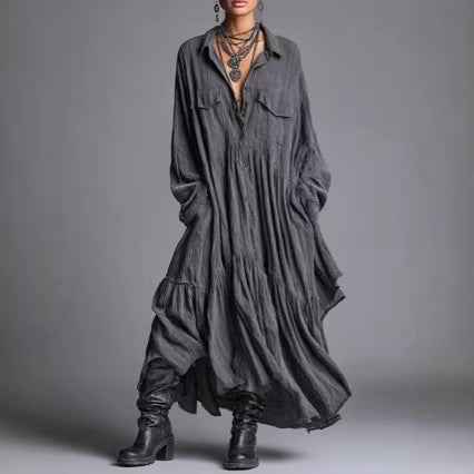 Artistic Retro Loose Pleated Long-Sleeve Shirt Dress