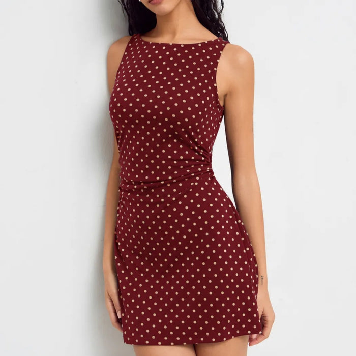 Vintage Polka Dot Sleeveless Dress Women Boat Neck Slim Fit A-Line Mini Dress Casual Summer Party Outfit