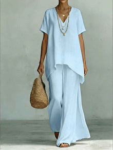 V-neck Short-sleeve Fashionable Loose Top And Wide-leg Pants Set