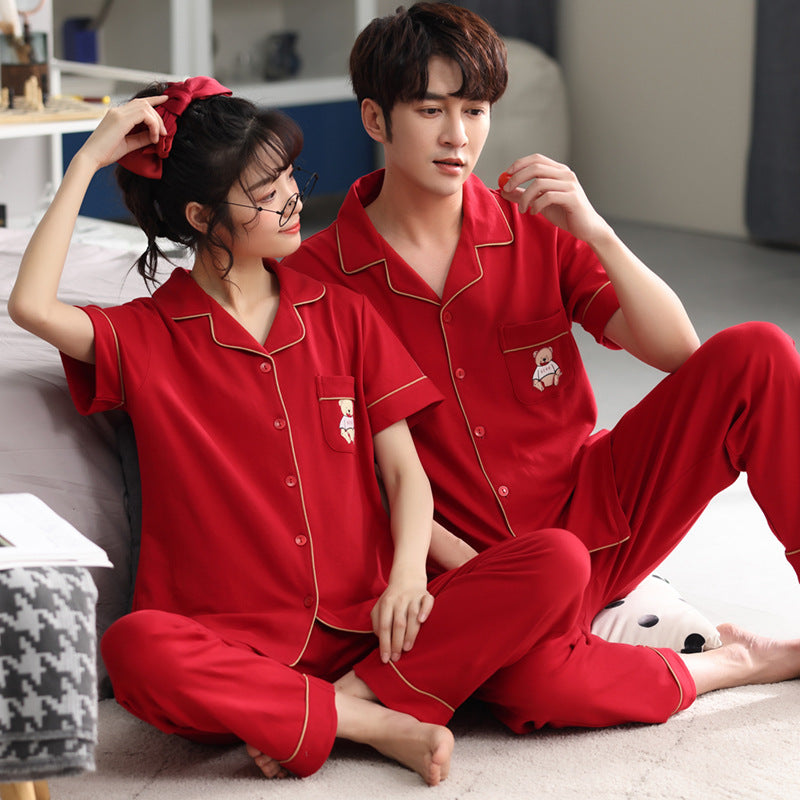 Couple Pajamas Cotton Red Animal Year Trousers Short Sleeve Home Clothes Set by Mirlaine Univers