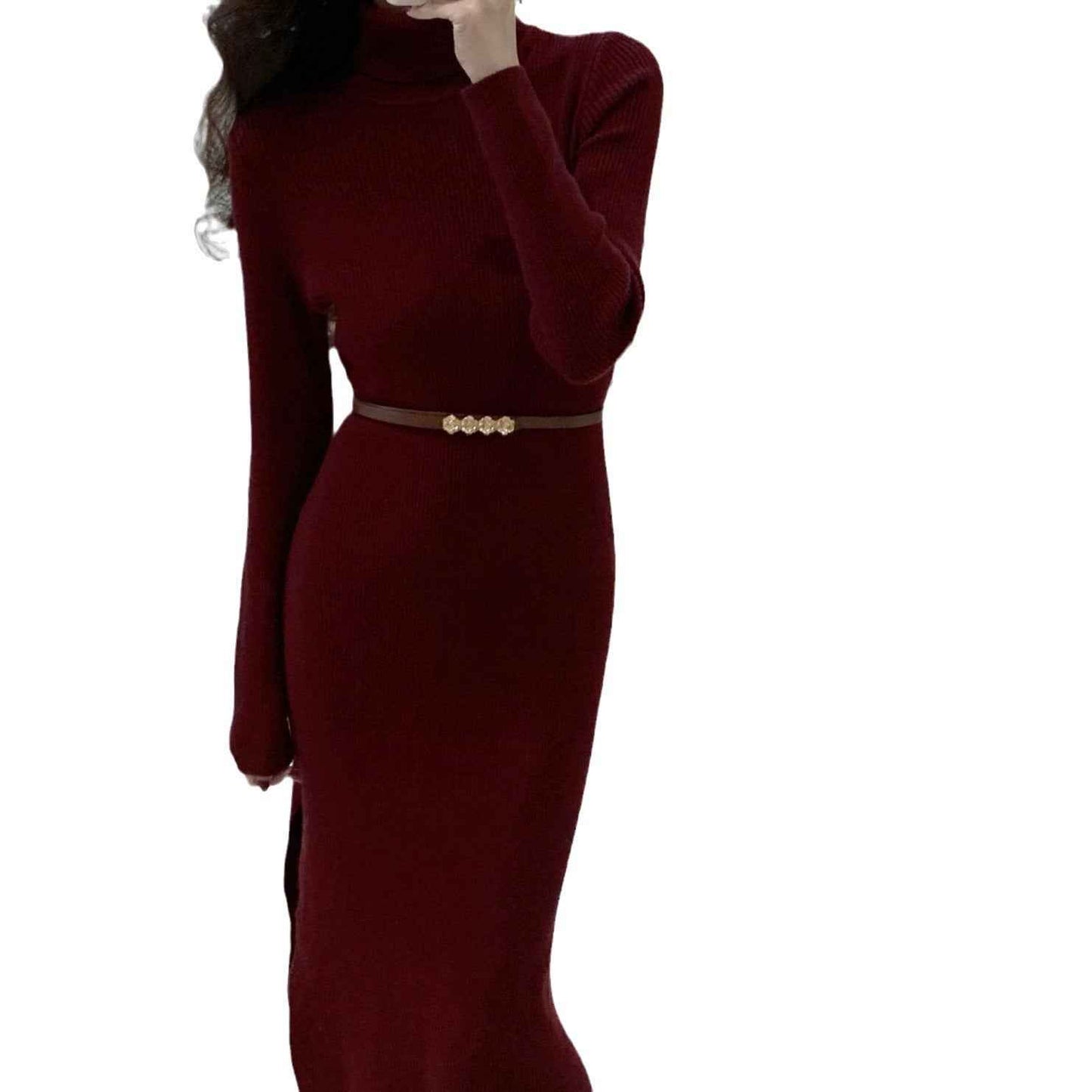 Womens Slim-Fit High-Neck Knitted Dress With Side Slit