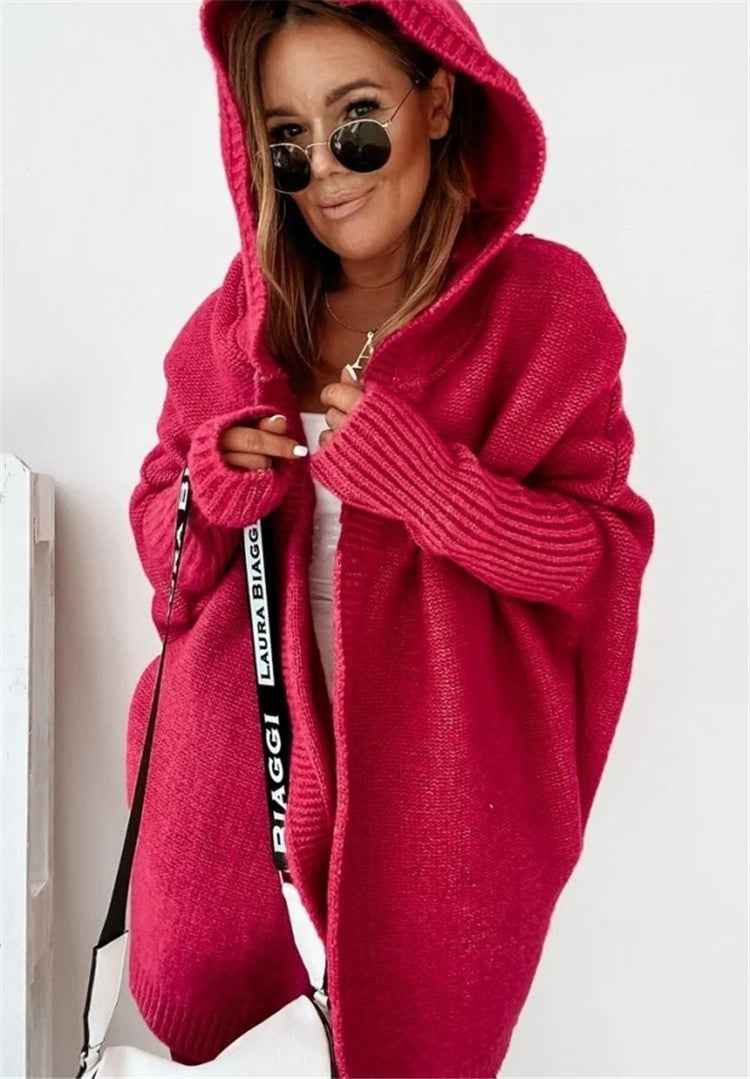 Bat Sleeve Hooded Cardigan Oversized Loose Temperament Solid Color Sweater Womens Clothing