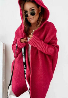 Bat Sleeve Hooded Cardigan Oversized Loose Temperament Solid Color Sweater Womens Clothing