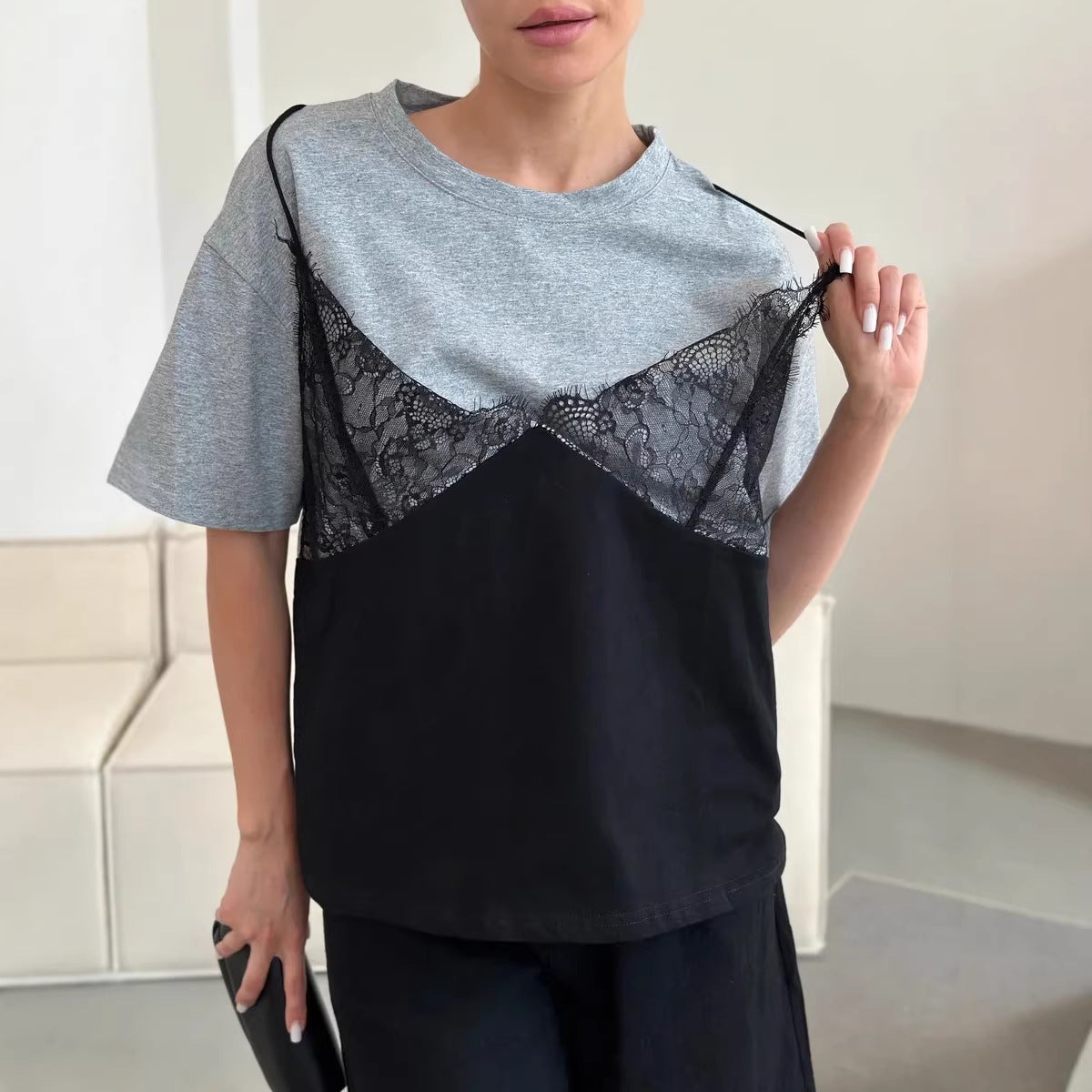 Women's Lace-Patchwork Loose Basic Crew-Neck Short-Sleeve T-Shirt by Mirlaine Univers Women's Lace-Patchwork Loose Basic Crew-Neck Short-Sleeve T-Shirt Mirlaine Univers womens-lace-patchwork-loose-basic-crew-neck-short-sleeve-t-shirt 0 Women's Lace-Patchwork Loose Basic Crew-Neck Short-Sleeve T-Shirt Mirlaine Univers Women's Lace-Patchwork Loose Basic Crew-Neck Short-Sleeve T-Shirt