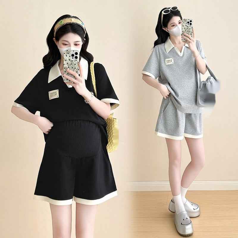 Loose-fitting, Versatile Color-block V-neck Top And Shorts Two-piece Set