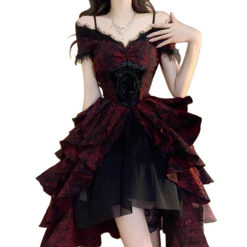 Black And Red Jacquard Wave-Print Dress Lolita Light Luxury