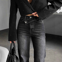 High-waisted, Slightly Flared, Washed Denim Jeans With A Slanted Waistband