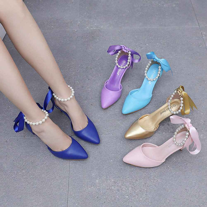 Sandales à talons mi-hauts de 7 cm avec ruban orné de strass, chaussures habillées pour femmes en cuir synthétique mat doux
