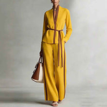 Women's Casual Patchwork Cardigan Shirt And Wide-Leg Pants Set