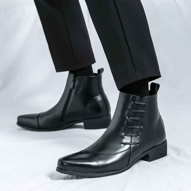 Large Size High-top Shoes Side Zipper Color Matching Leather Shoes Men's British Style