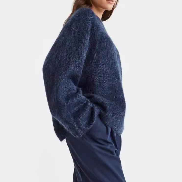 Round Neck Solid Color Long Velvet Sweaters Top