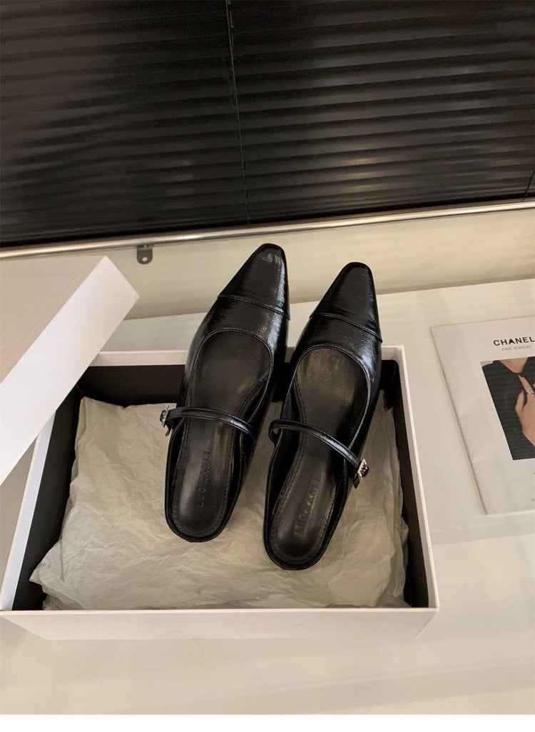 French Retro Slip-On Flats For Women 2026 Spring New Arrival, Pointed Toe Fashion Shoes, Closed Toe Backless Low Heel Sandals