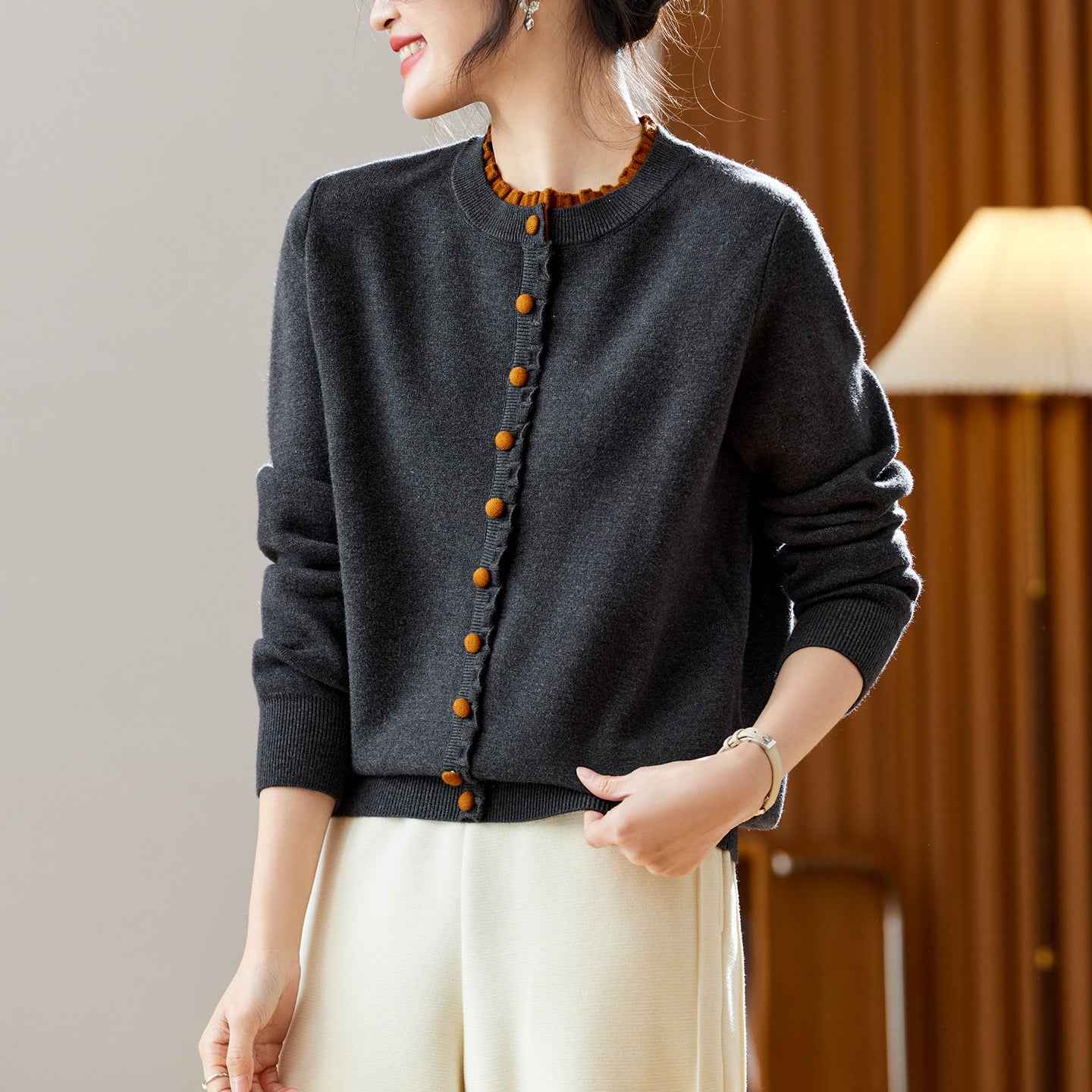 Ribbed Trim Contrast-Colored Crew-Neck Knit Sweater Womens Long Sleeve