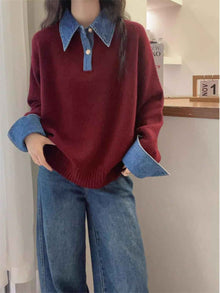 Women's Denim Sleeve Stitching Fake Two Pieces Sweaters Coat New Loose