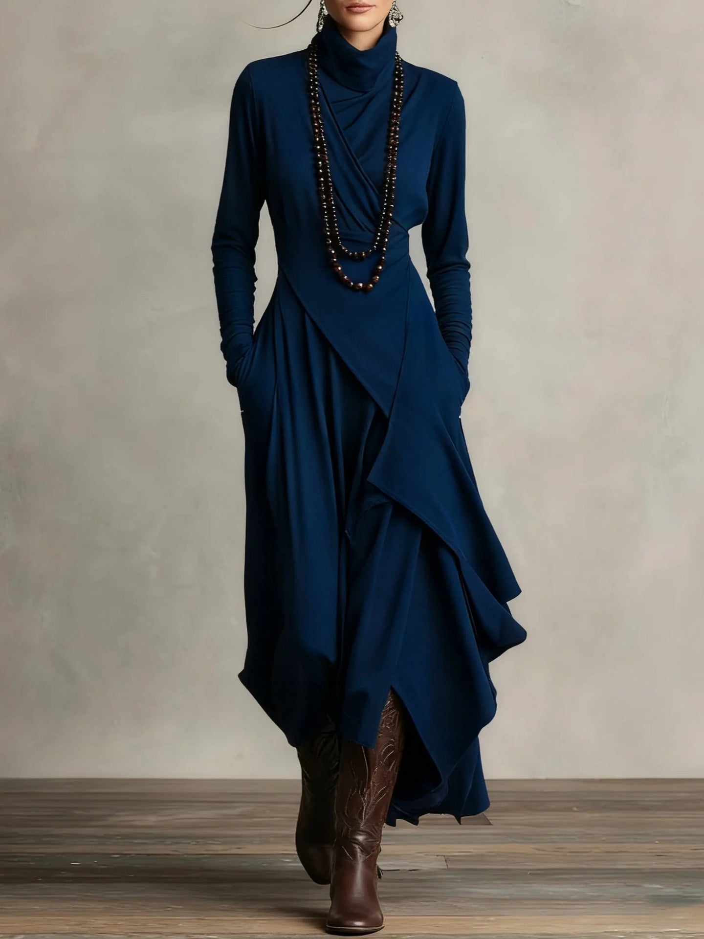 Women's Solid Color Cross-sleeve High-neck Dress by Mirlaine Univers