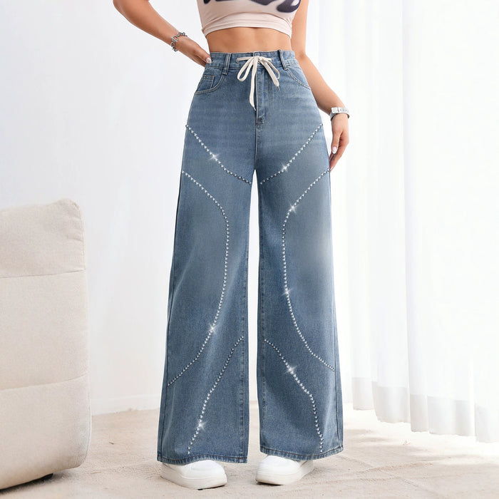 Jean en jean délavé style vintage américain pour femme avec perles