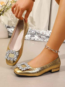 Women's Gold Crocodile Print Square Toe Rhinestone Buckle Low Heel Pumps Elegant Dress Shoes