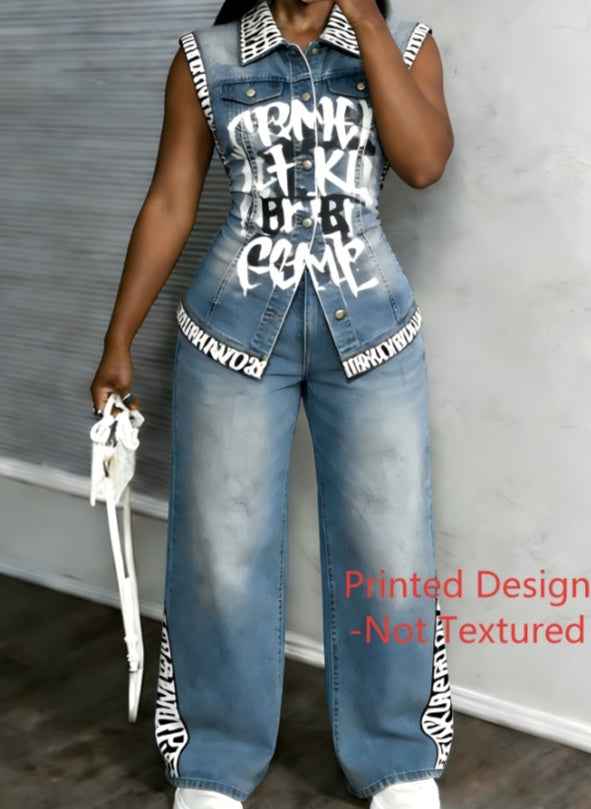 Workwear Style Sleeveless Printed Two-piece Set
