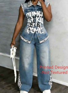 Workwear Style Sleeveless Printed Two-piece Set