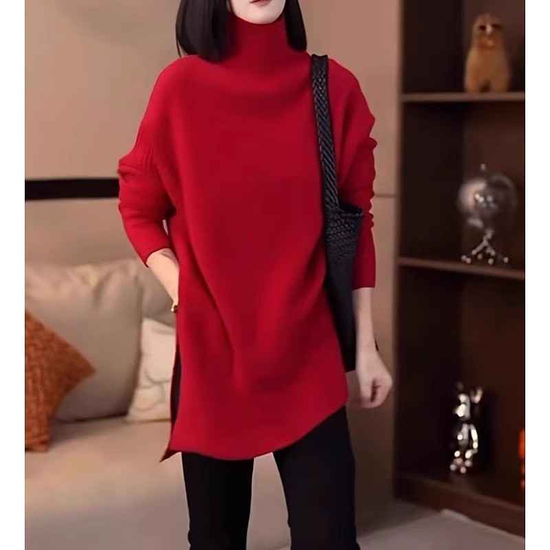 Mid-length Womens Asymmetrical High-neck Split Sweater