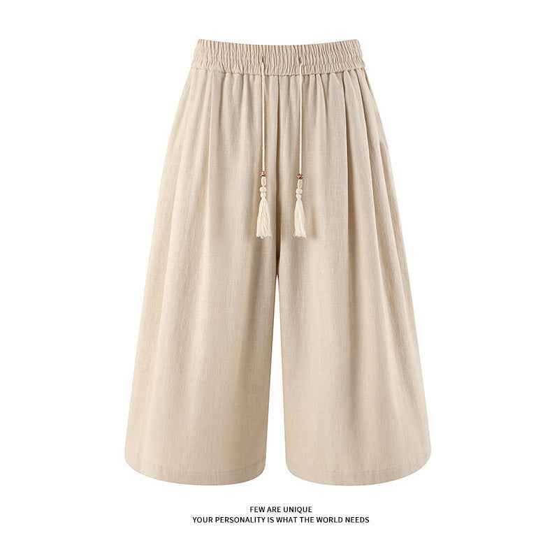 Retro Cotton-linen Wide-leg Casual Capri Pants