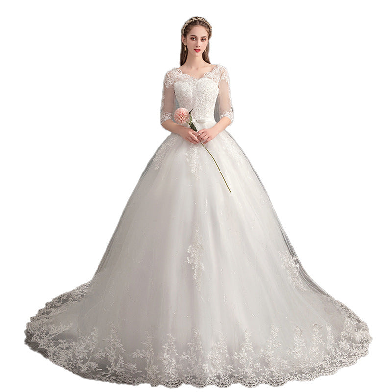 Wedding Dress Trailing Deep V Neck Lace High Waist Wedding Dress Long Sleeves by Mirlaine Univers