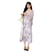 Sweet And Gentle Style Purple Printed Slip Dress Shirt And Cardigan Two-Piece Set