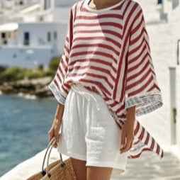 Japanese-style Vertical Stripe Ramie Bamboo Fiber Top Womens Set